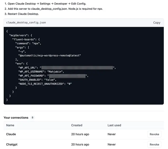 The Connect your AI client panel with the Server URL, client tabs, and ready-to-copy setup code for Claude Desktop