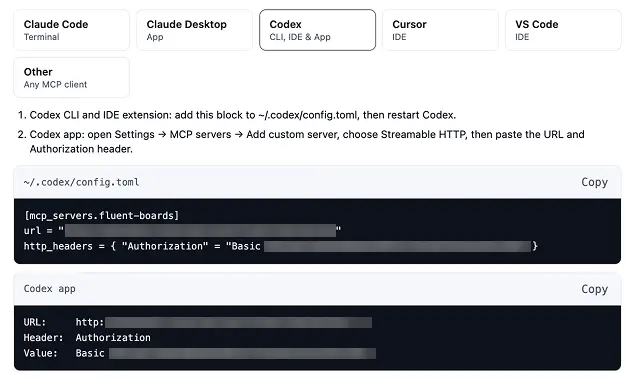 The Codex tab with setup code for the Codex CLI and IDE extension, and the URL and header for the Codex app