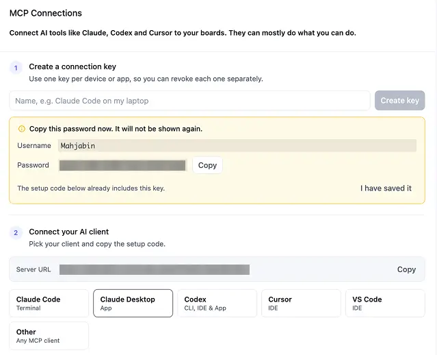 The one-time password box with your username and new connection key