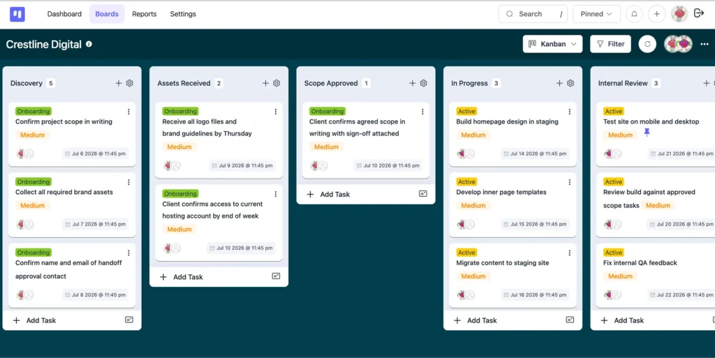 The frontend portal takes clients straight to their project board (Image: FluentBoards)