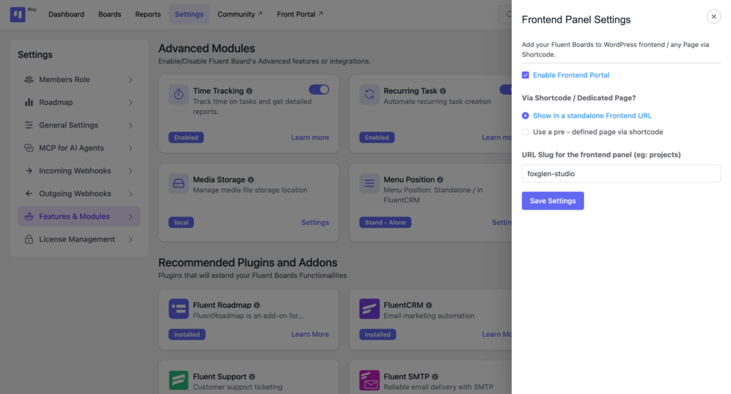 frontend portal settings in FluentBoards features and modules