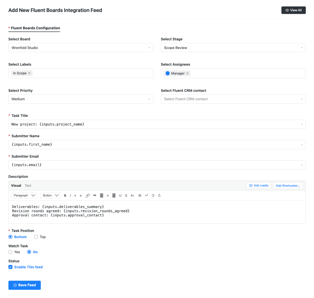 FluentBoards intake feed mapping