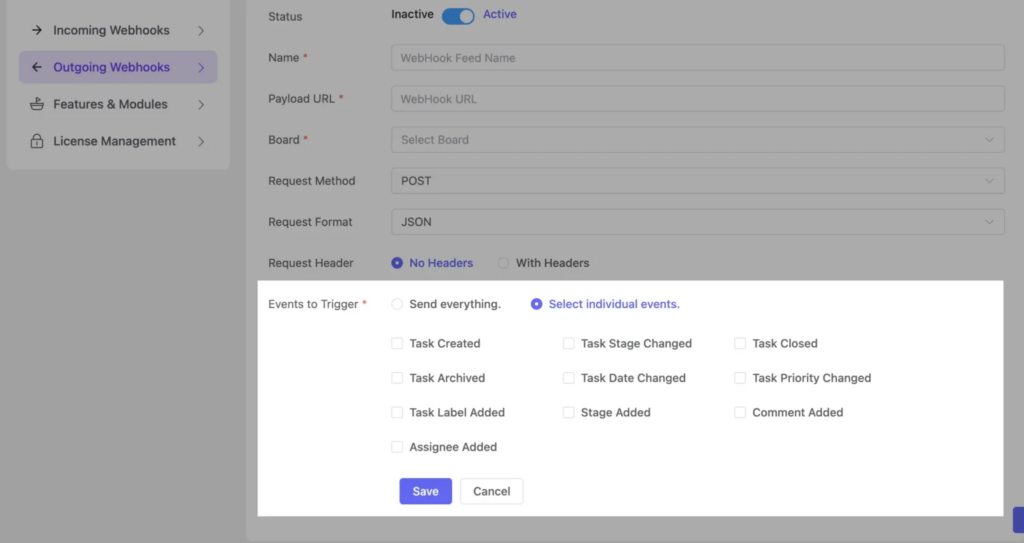 Outgoing webhook configuration