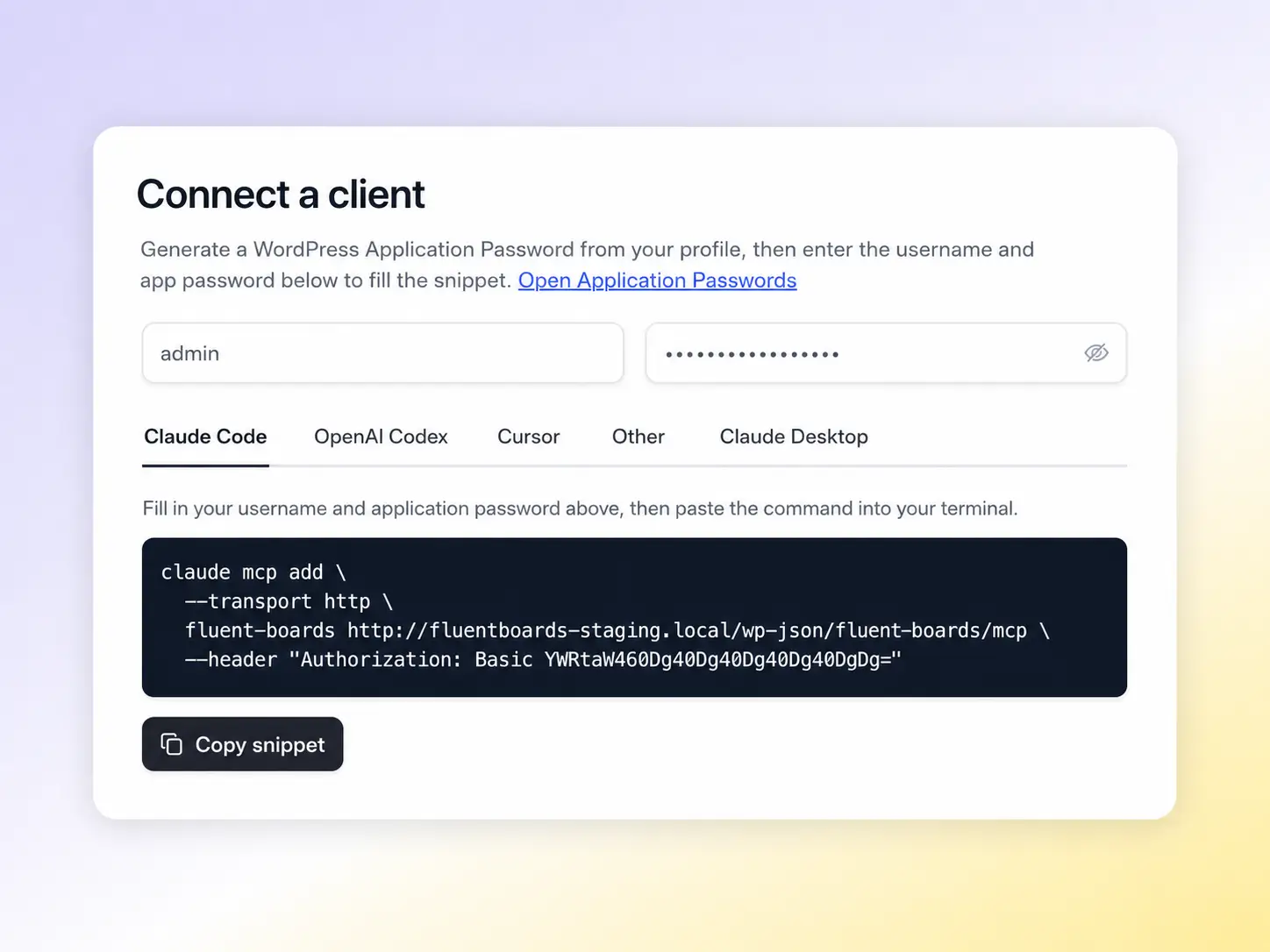 Go to FluentBoards settings and 
Generate Your Connection