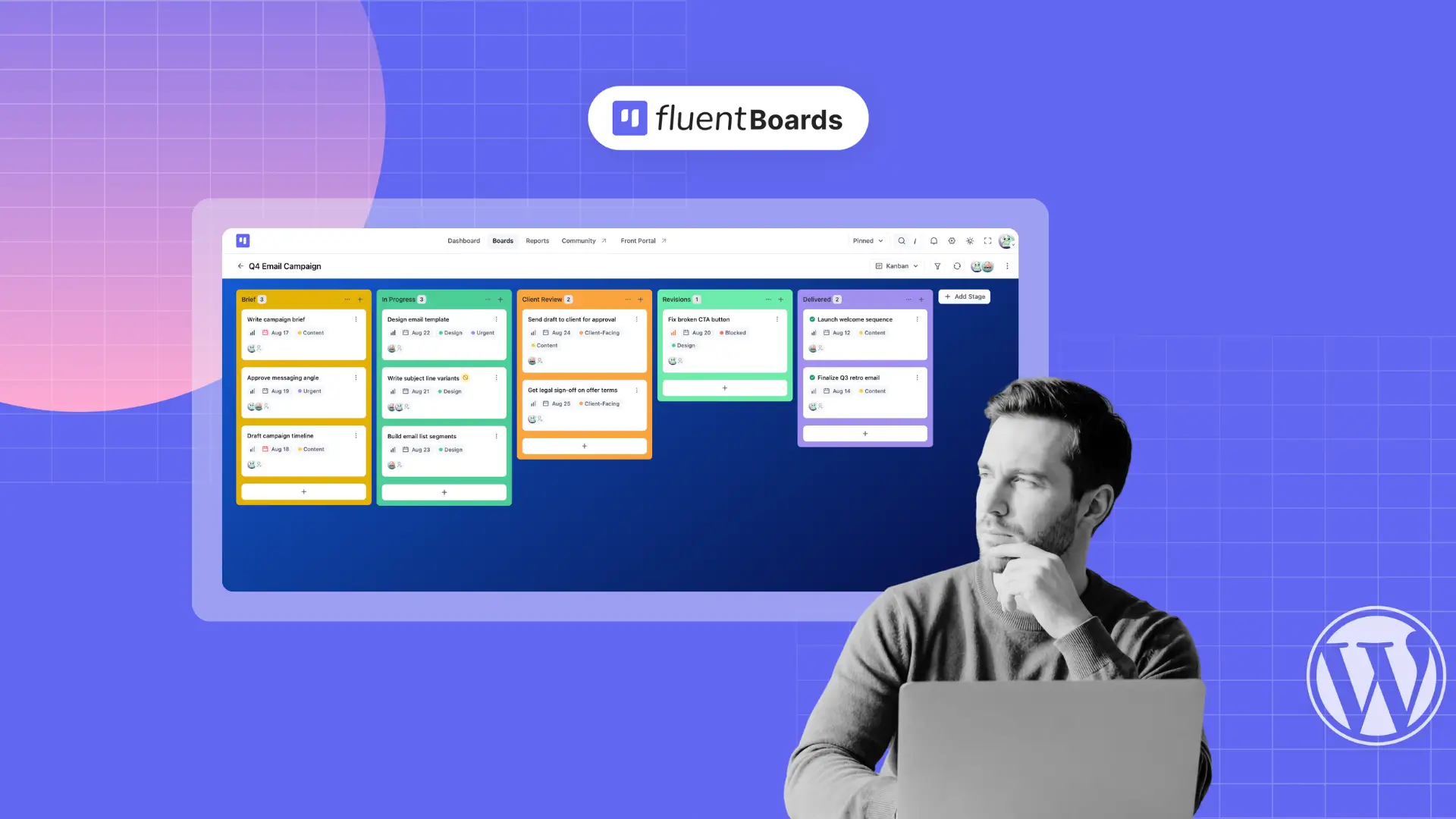 Kanban board setup in FluentBoards showing stages and task cards