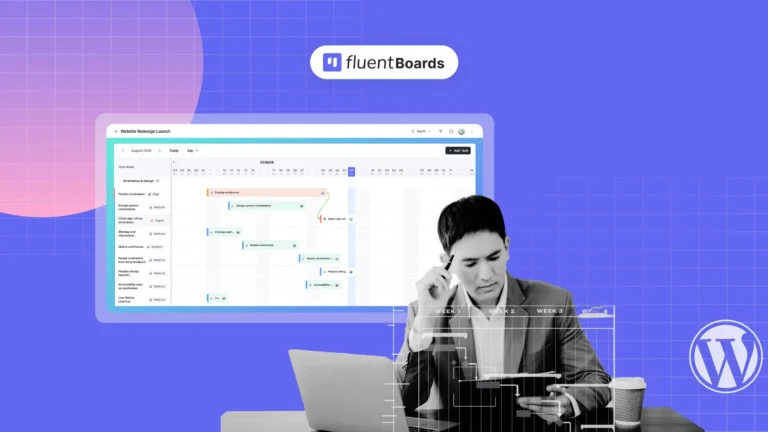 Gantt Chart View in FluentBoards showing tasks as bars on a timeline with a dependency line between two of them