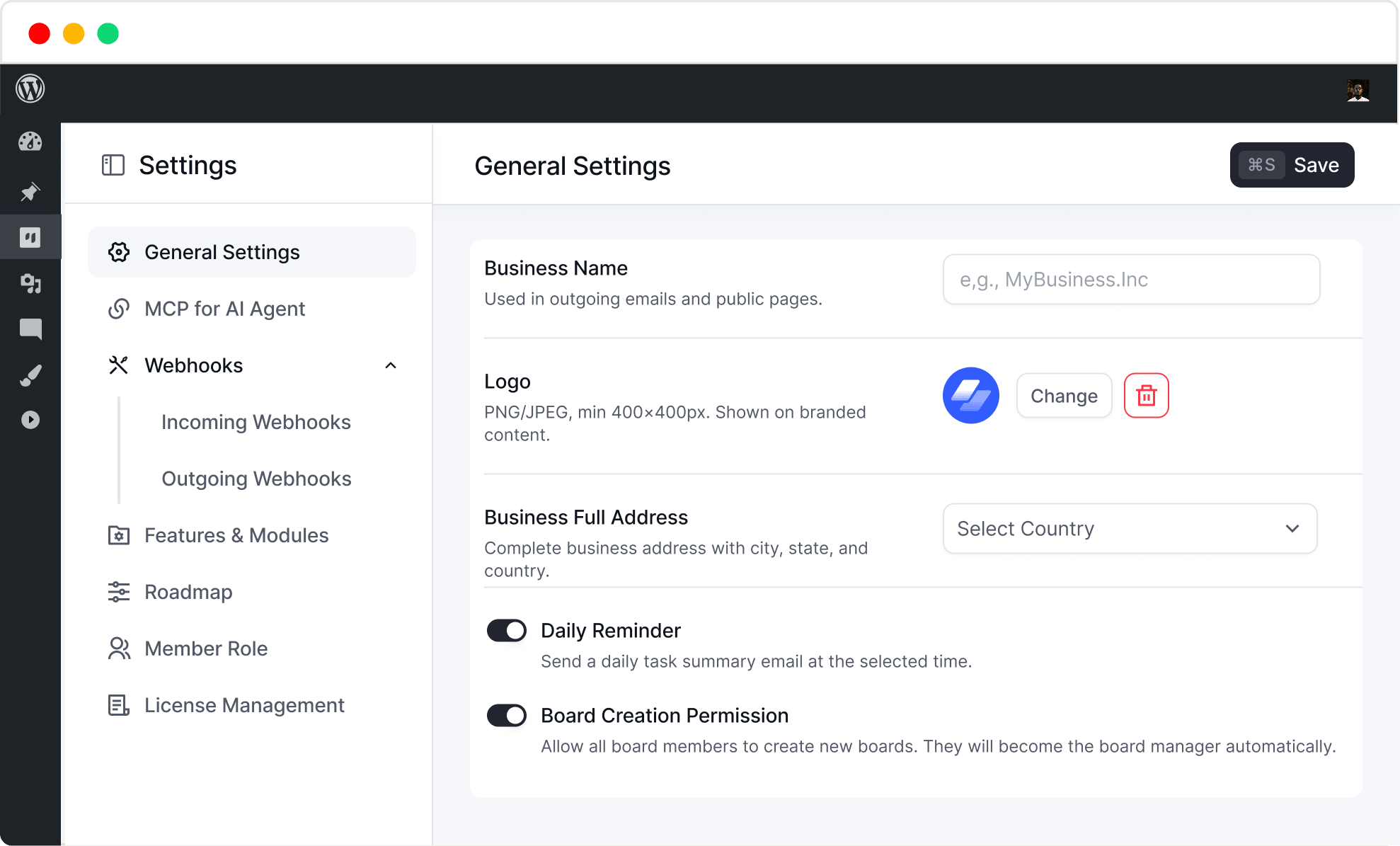 FluentBoards Setting Dashboard