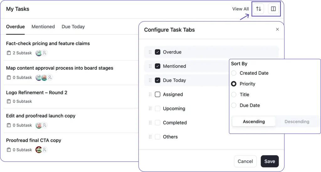 Configure Task Tabs and Sort By together, keep the tabs you use, reorder them, then rank each one by Priority, Due Date, and more
