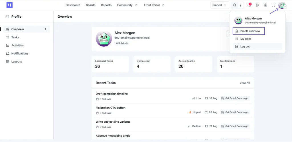 The Profile overview link, one click from your avatar, opens your complete task picture across every board