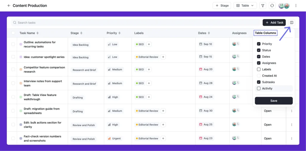 Custom Table Columns in FluentBoards Table View