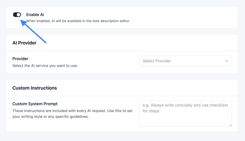 Start by turning on the Enable AI toggle at the top of the AI Model Setup panel.