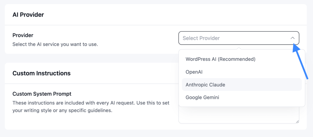 FluentBoards currently gives you four provider options: WordPress AI, OpenAI, Anthropic Claude, Google Gemini