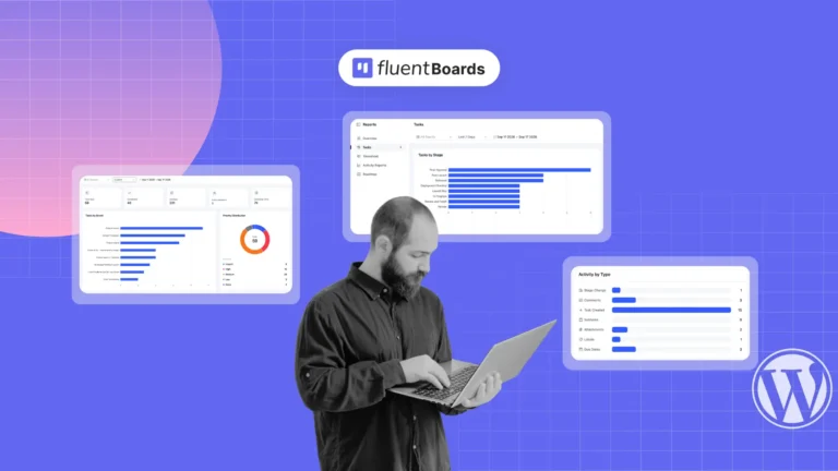 FluentBoards Reports Dashboard showing team task completion and activity