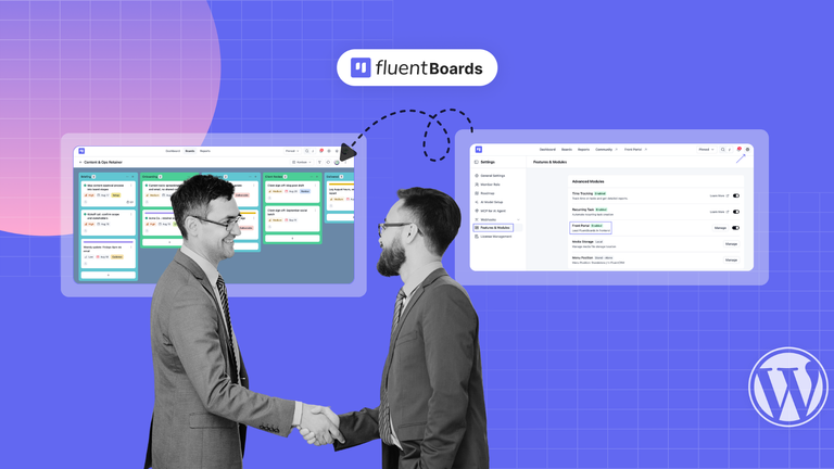 Agency and client shaking hands in front of a FluentBoards project board shared through the client portal