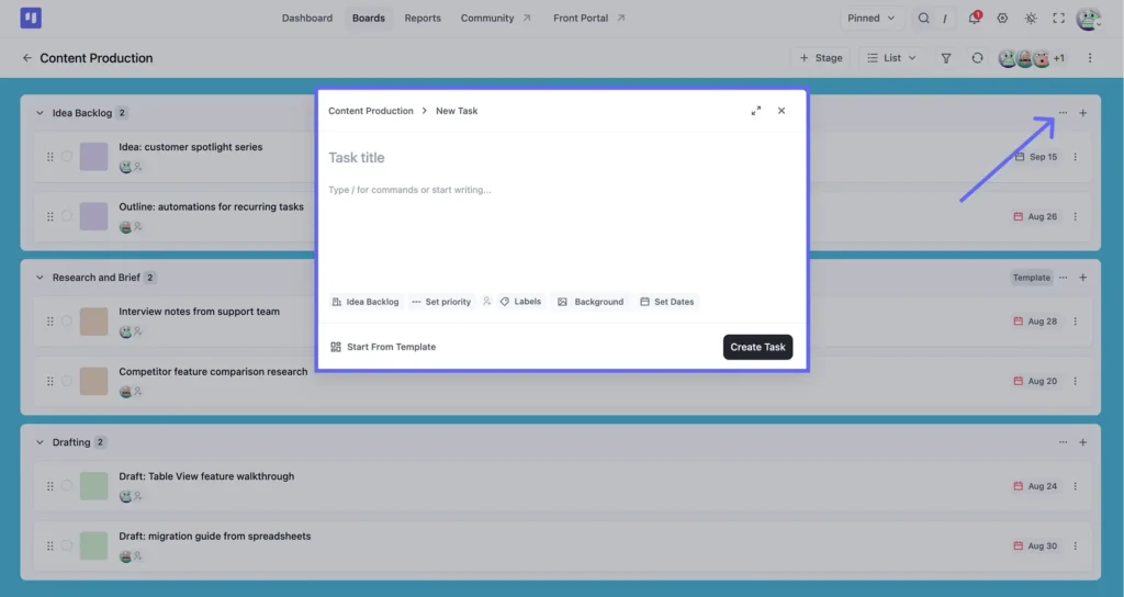 Create a task from List View without leaving the list