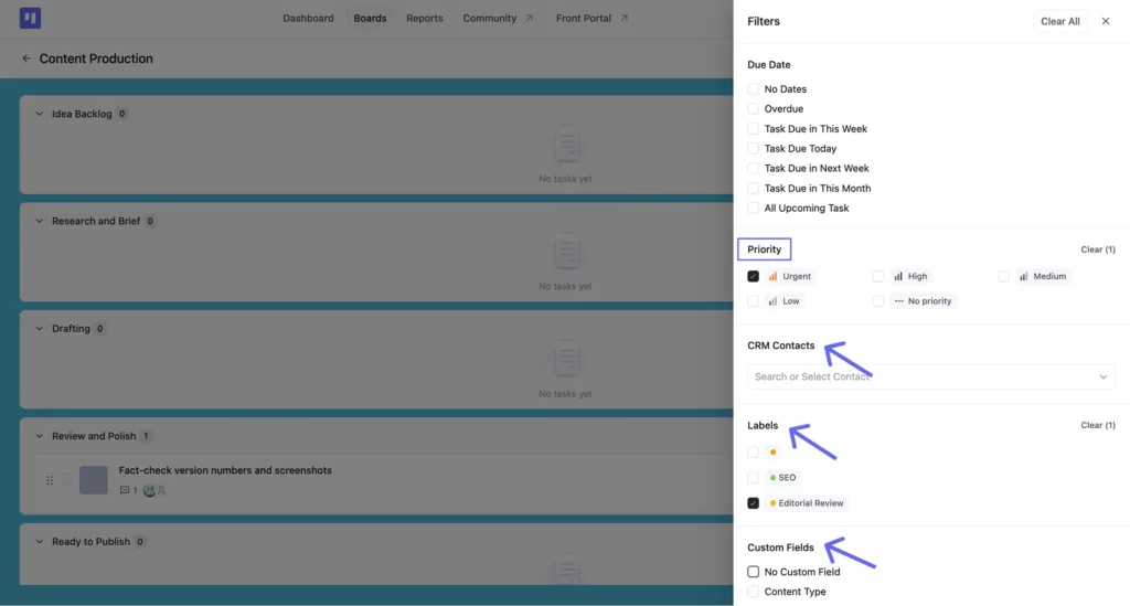 Filters panel scrolled down, showing Priority, CRM Contacts, Labels, and Custom Fields options
