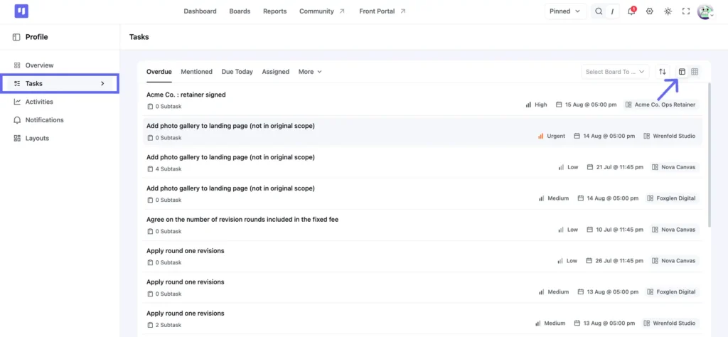 My Tasks in list layout, grouped by Overdue, Mentioned, Due Today, and Assigned