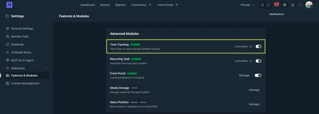 Enable Time Tracking (FluentBoards)