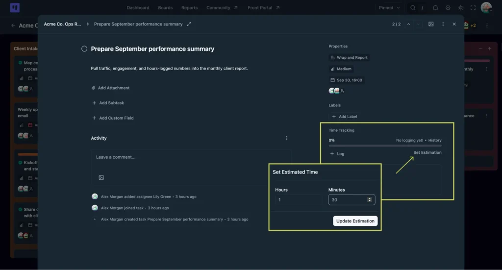 Set an estimated time on a task (FluentBoards)
