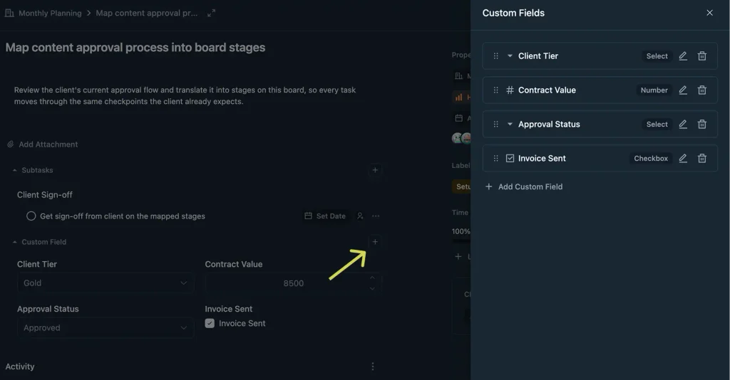 Managing custom fields from a task (Image: FluentBoards)
