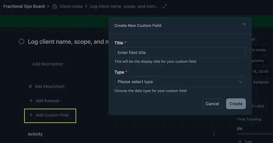 Creating a custom field from inside a task (Image: FluentBoards)
