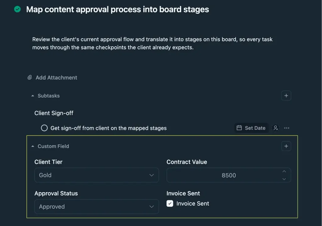 Filling in custom fields inside a task (Image: FluentBoards)