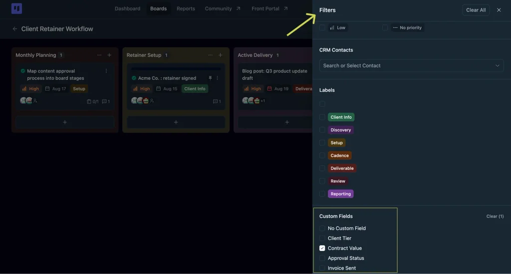 Filtering tasks by custom field (Image: FluentBoards)