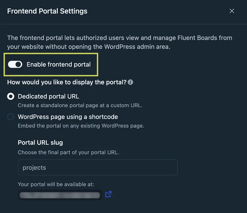 Enabling the frontend portal (Image: FluentBoards)
