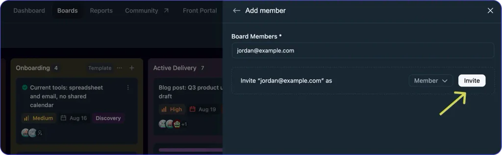 Inviting a client to their board by email (Image: FluentBoards)