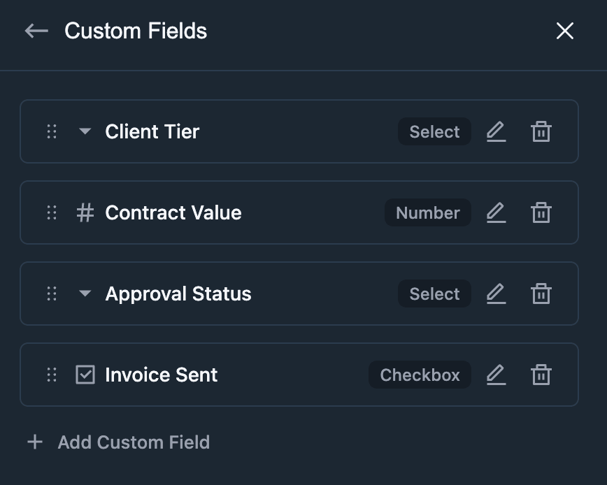 Saved custom fields listed on the board (Image: FluentBoards)