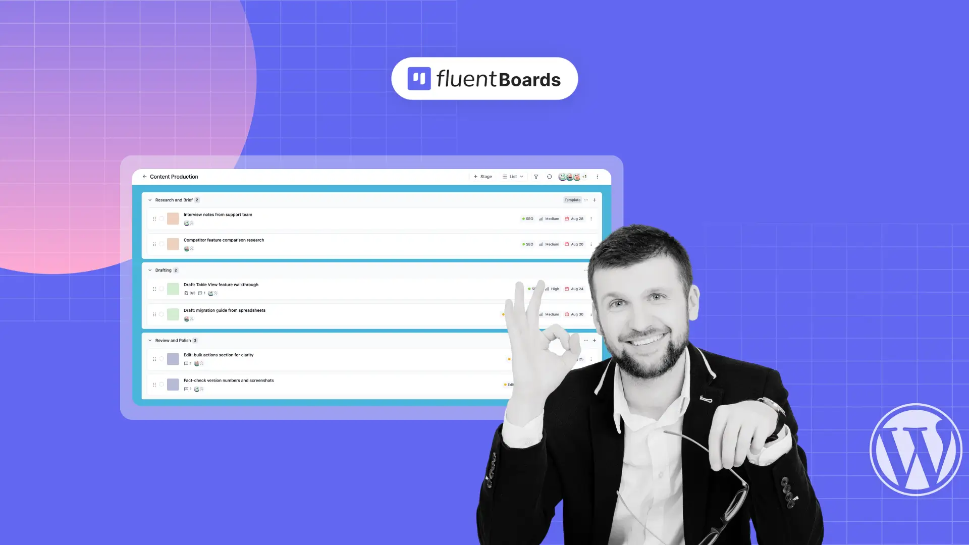 FluentBoards List View interface showing tasks organized in rows with priority and due date