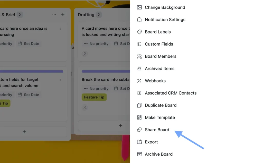 Public sharing now lives in its own Share Board panel in the board menu